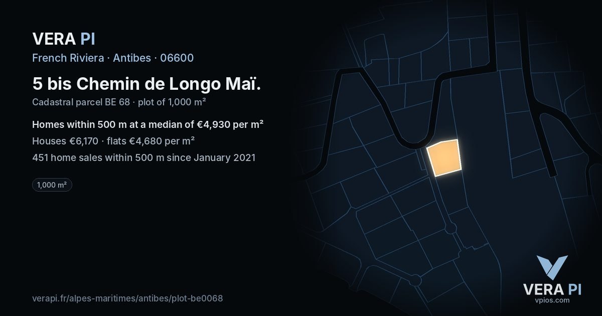 5 bis Chemin de Longo Maï, Antibes at night – the plot lit, the parcels around coloured by the prices near them