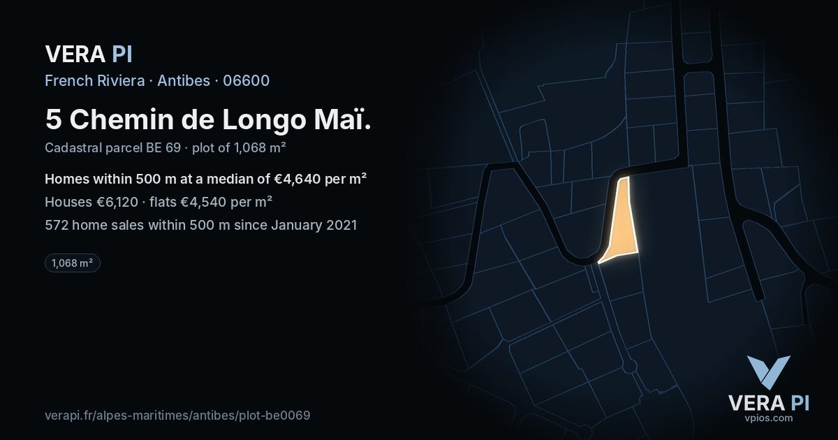 5 Chemin de Longo Maï, Antibes at night – the plot lit, the parcels around coloured by the prices near them