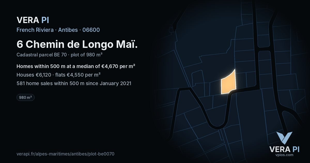 6 Chemin de Longo Maï, Antibes at night – the plot lit, the parcels around coloured by the prices near them