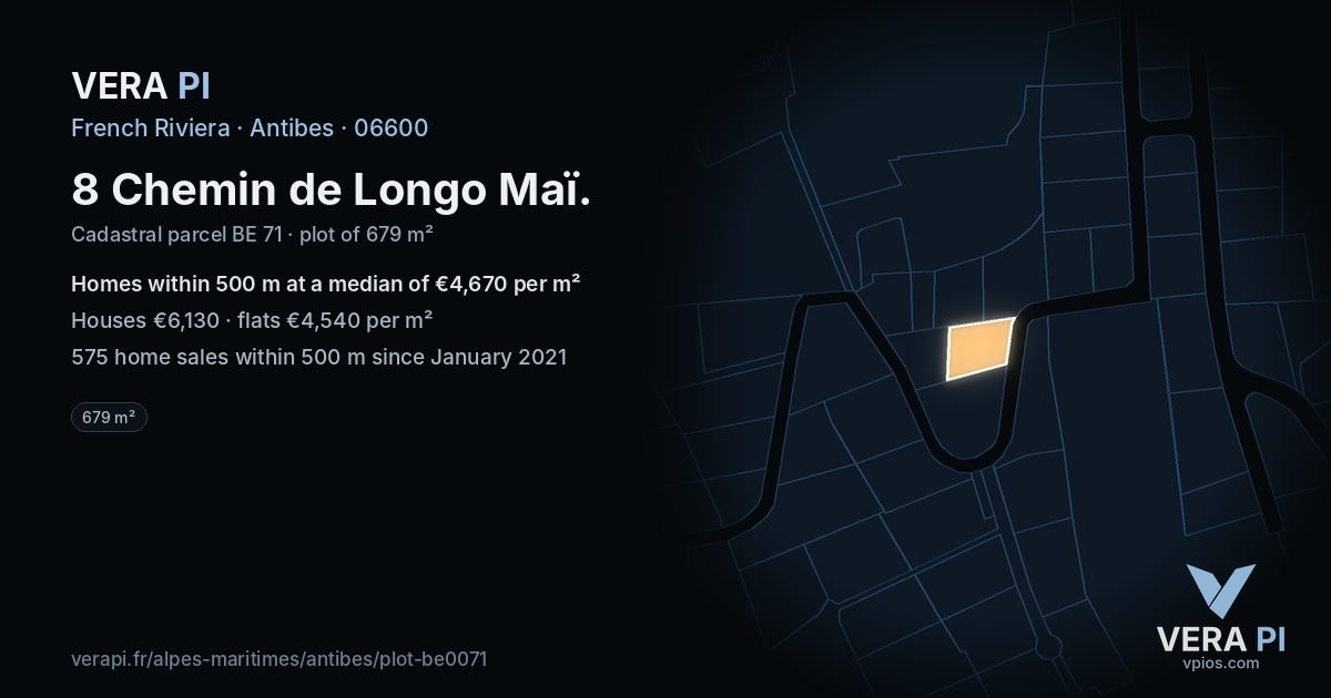 8 Chemin de Longo Maï, Antibes at night – the plot lit, the parcels around coloured by the prices near them