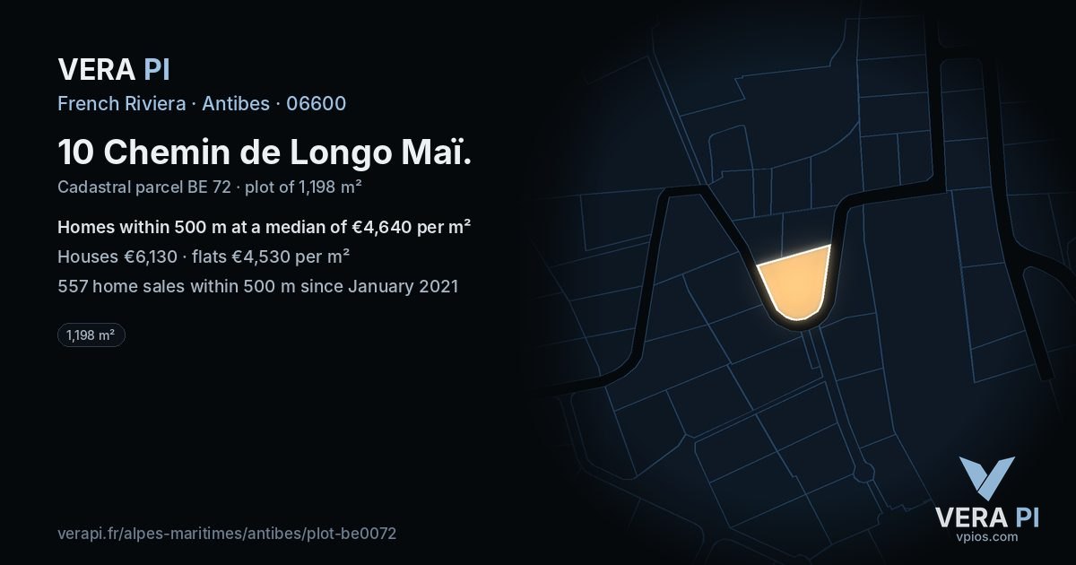10 Chemin de Longo Maï, Antibes at night – the plot lit, the parcels around coloured by the prices near them
