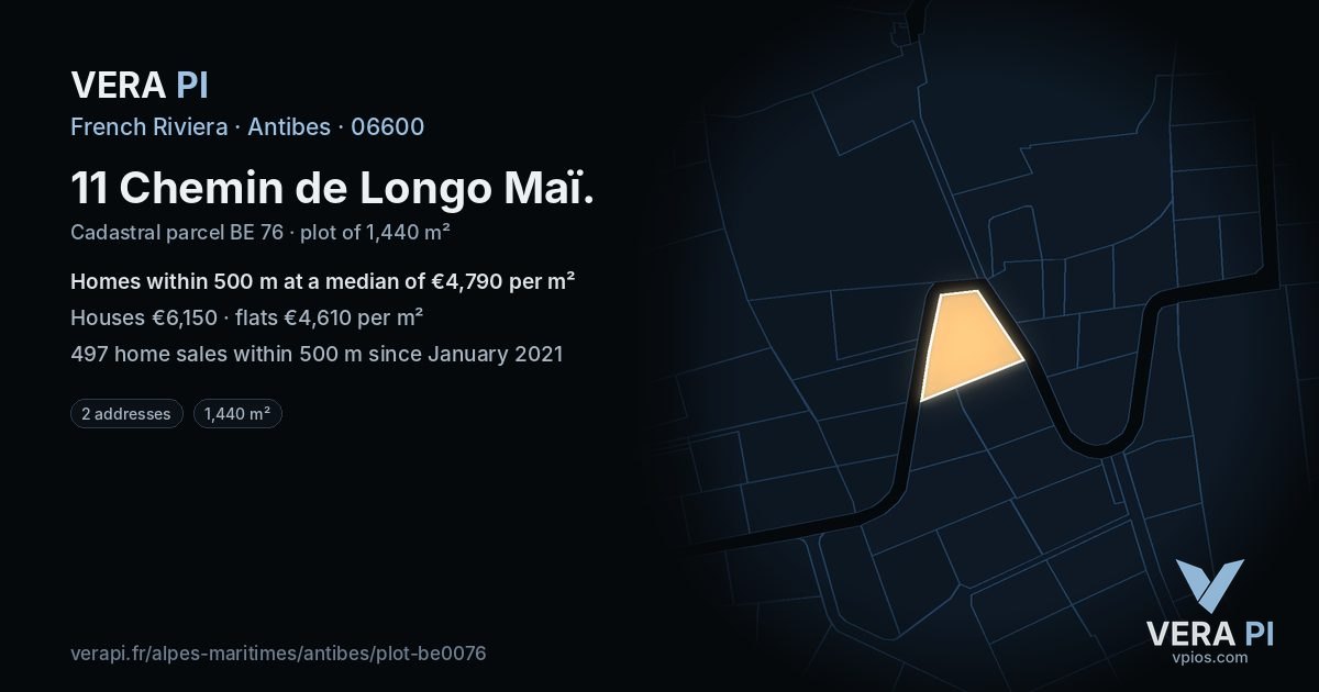 11 Chemin de Longo Maï, Antibes at night – the plot lit, the parcels around coloured by the prices near them