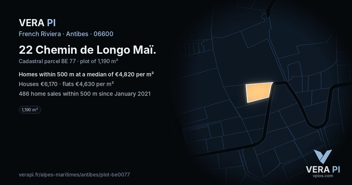 22 Chemin de Longo Maï, Antibes at night – the plot lit, the parcels around coloured by the prices near them
