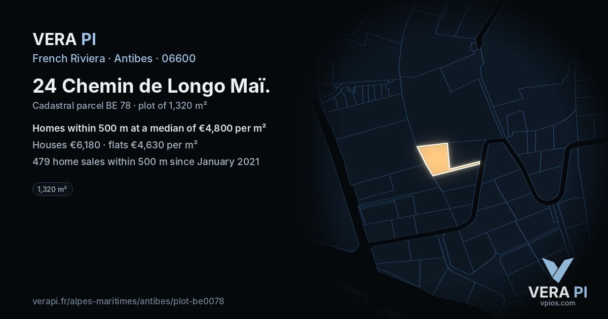 24 Chemin de Longo Maï, Antibes at night – the plot lit, the parcels around coloured by the prices near them
