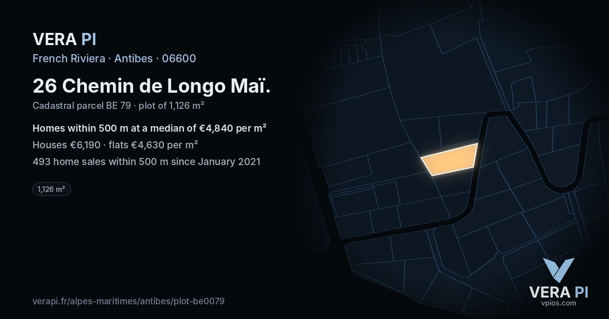 26 Chemin de Longo Maï, Antibes at night – the plot lit, the parcels around coloured by the prices near them