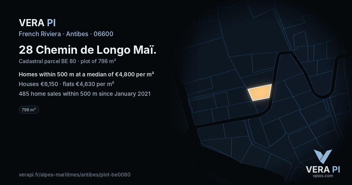 28 Chemin de Longo Maï, Antibes at night – the plot lit, the parcels around coloured by the prices near them