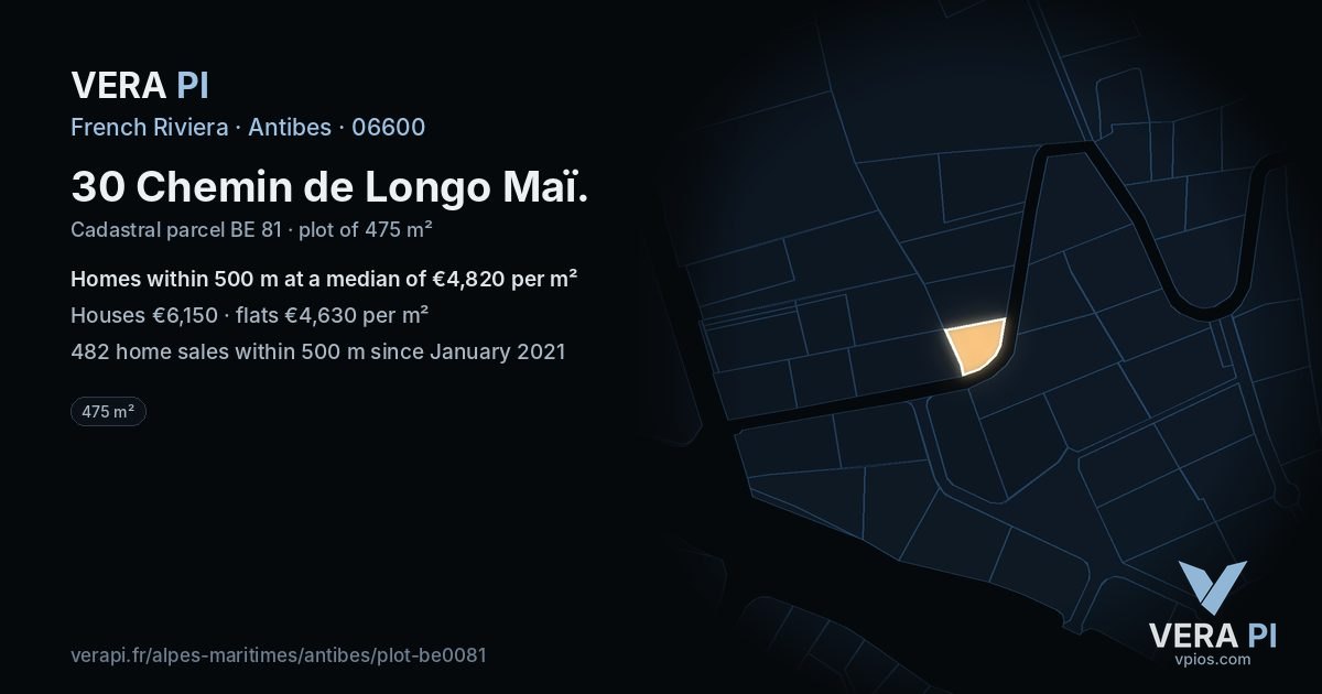 30 Chemin de Longo Maï, Antibes at night – the plot lit, the parcels around coloured by the prices near them