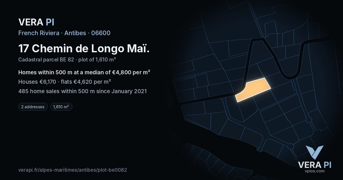 17 Chemin de Longo Maï, Antibes at night – the plot lit, the parcels around coloured by the prices near them