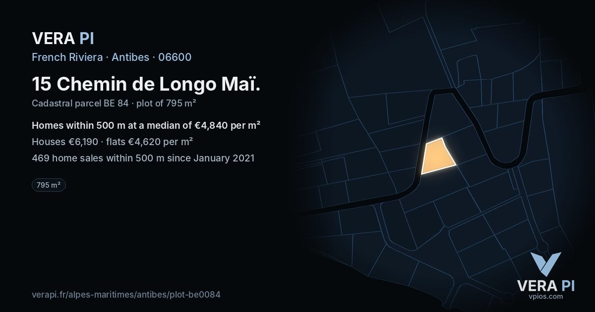 15 Chemin de Longo Maï, Antibes at night – the plot lit, the parcels around coloured by the prices near them
