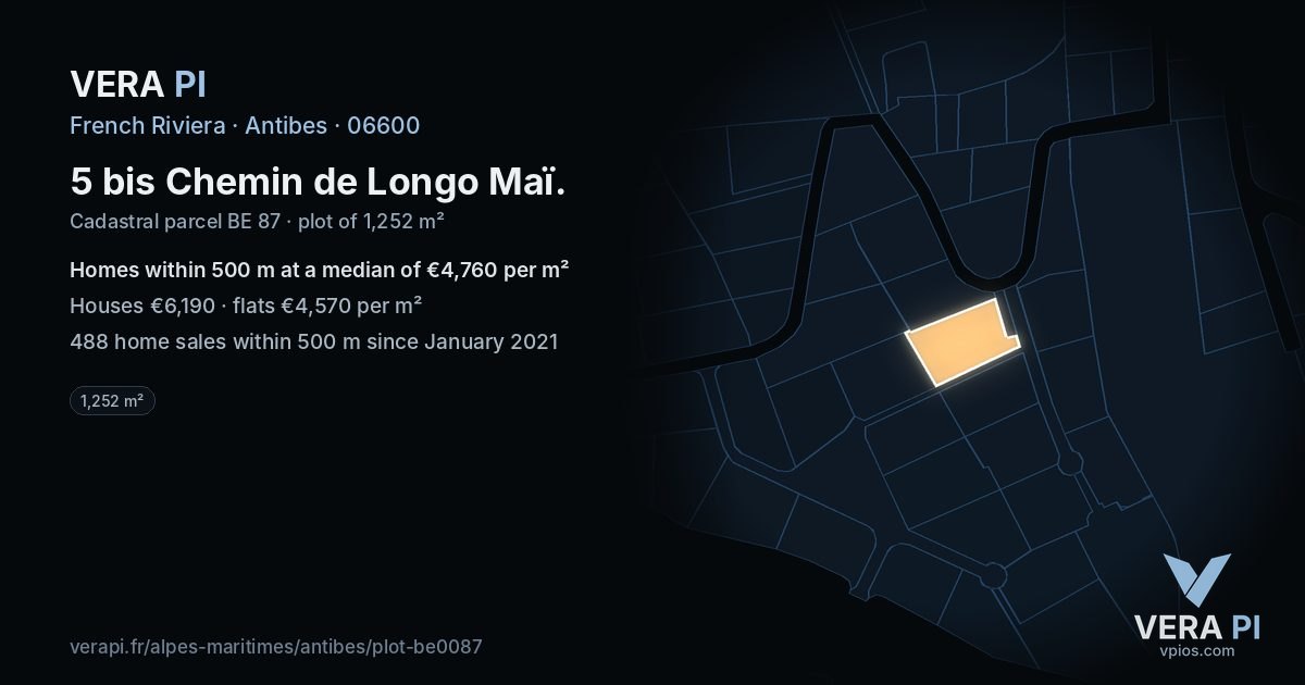 5 bis Chemin de Longo Maï, Antibes at night – the plot lit, the parcels around coloured by the prices near them