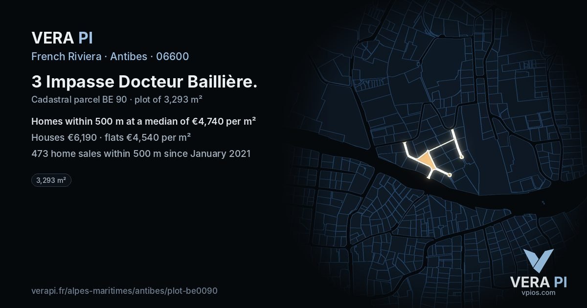 3 Impasse Docteur Baillière, Antibes at night – the plot lit, the parcels around coloured by the prices near them