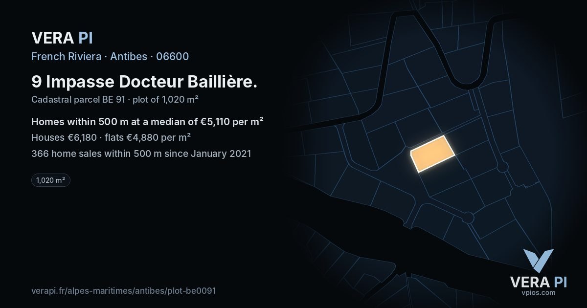 9 Impasse Docteur Baillière, Antibes at night – the plot lit, the parcels around coloured by the prices near them
