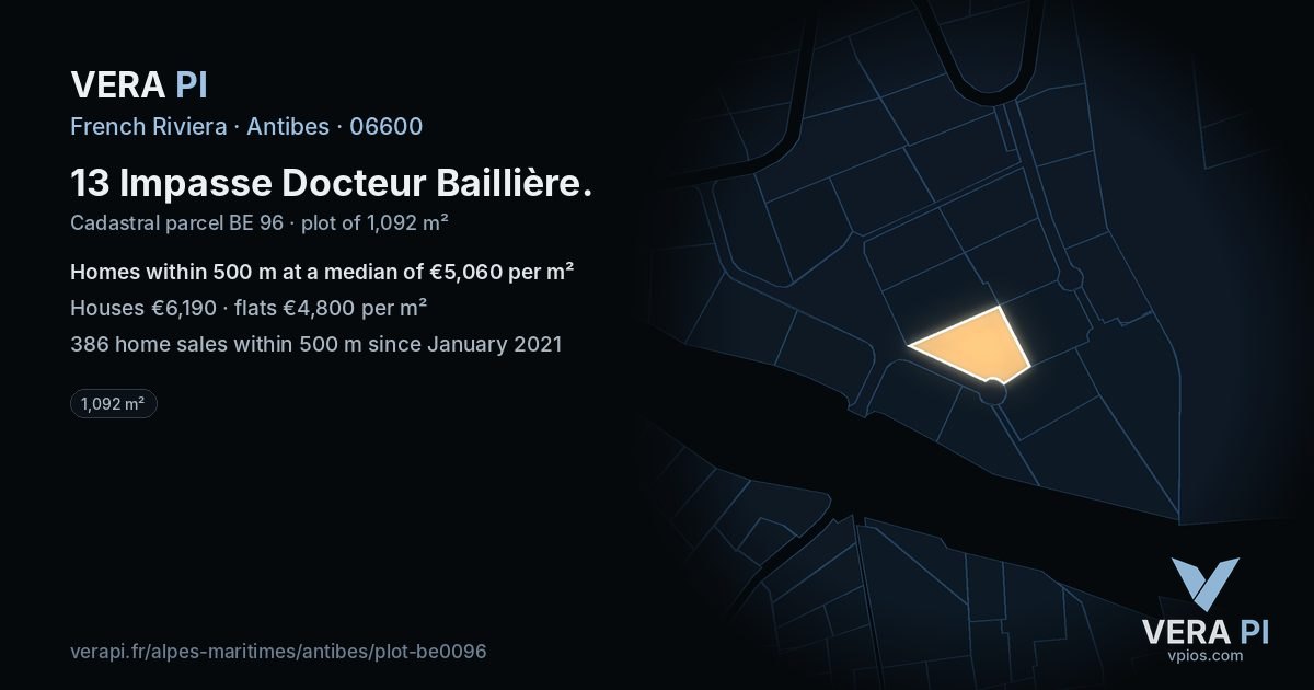 13 Impasse Docteur Baillière, Antibes at night – the plot lit, the parcels around coloured by the prices near them