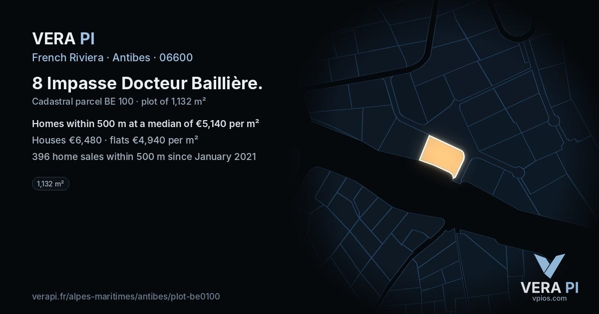 8 Impasse Docteur Baillière, Antibes at night – the plot lit, the parcels around coloured by the prices near them