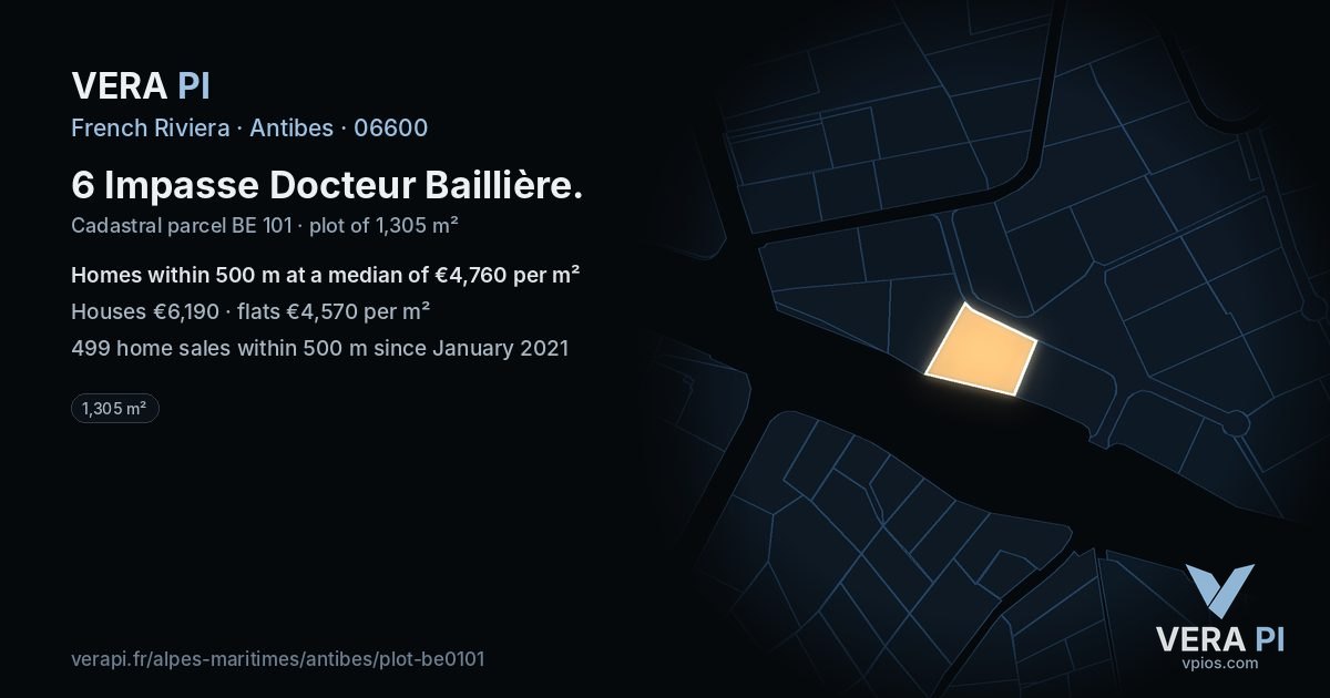 6 Impasse Docteur Baillière, Antibes at night – the plot lit, the parcels around coloured by the prices near them