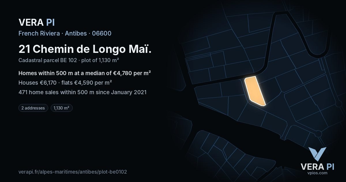 21 Chemin de Longo Maï, Antibes at night – the plot lit, the parcels around coloured by the prices near them