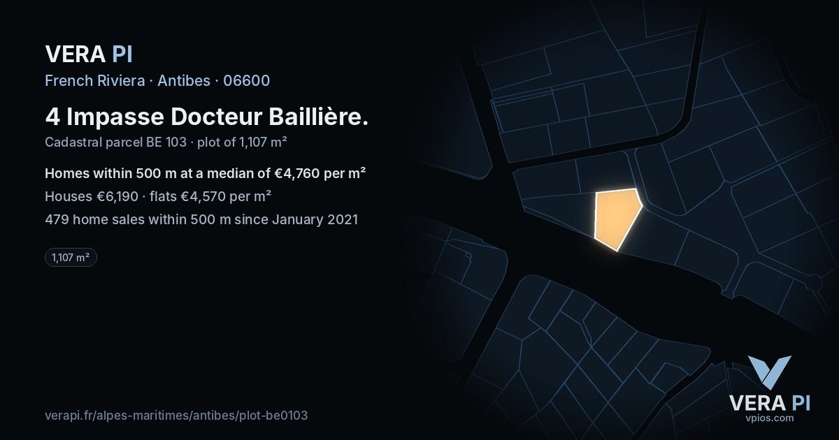 4 Impasse Docteur Baillière, Antibes at night – the plot lit, the parcels around coloured by the prices near them