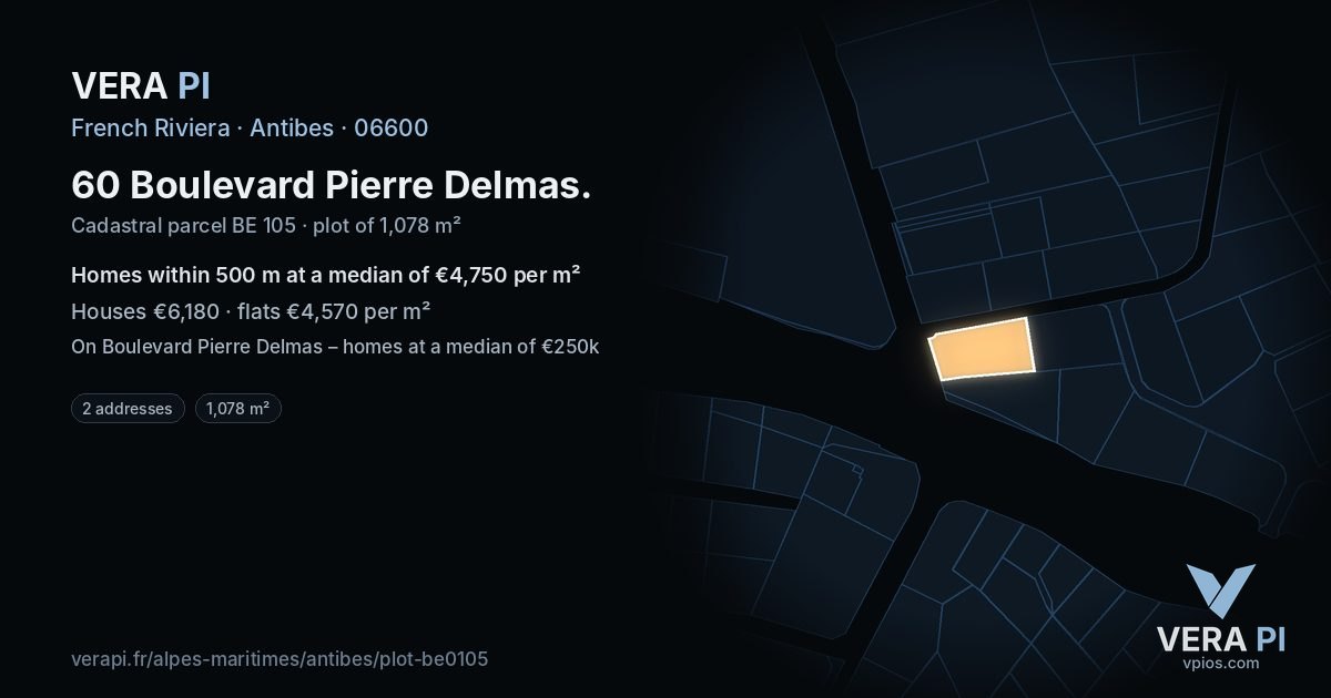 60 Boulevard Pierre Delmas, Antibes at night – the plot lit, the parcels around coloured by the prices near them