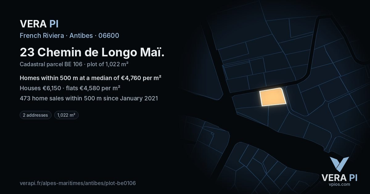 23 Chemin de Longo Maï, Antibes at night – the plot lit, the parcels around coloured by the prices near them