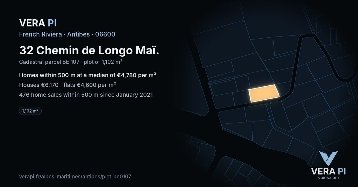 32 Chemin de Longo Maï, Antibes at night – the plot lit, the parcels around coloured by the prices near them