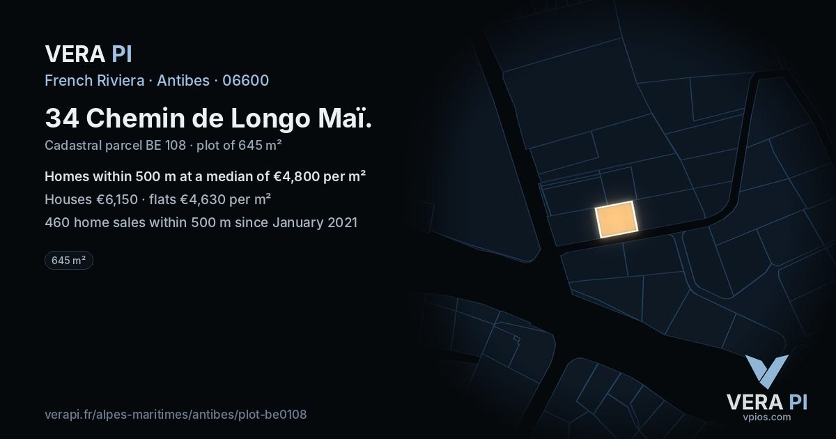 34 Chemin de Longo Maï, Antibes at night – the plot lit, the parcels around coloured by the prices near them