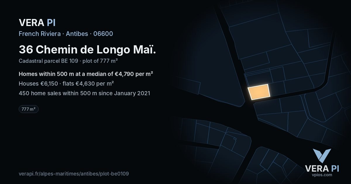 36 Chemin de Longo Maï, Antibes at night – the plot lit, the parcels around coloured by the prices near them