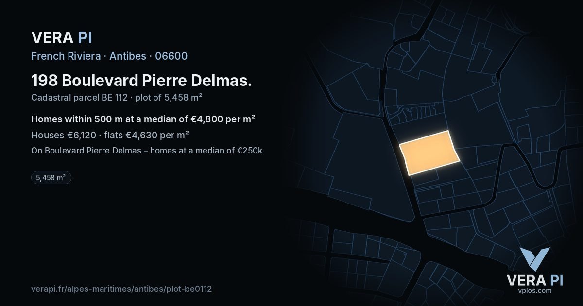 198 Boulevard Pierre Delmas, Antibes at night – the plot lit, the parcels around coloured by the prices near them