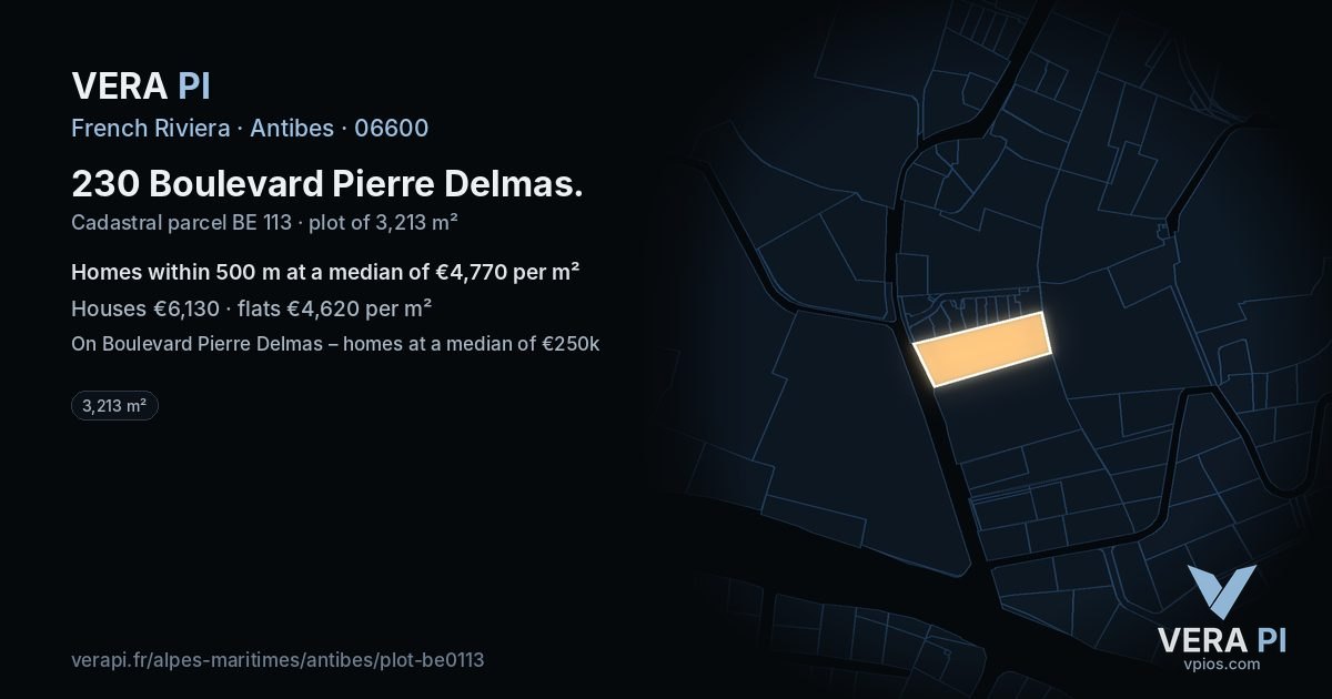 230 Boulevard Pierre Delmas, Antibes at night – the plot lit, the parcels around coloured by the prices near them