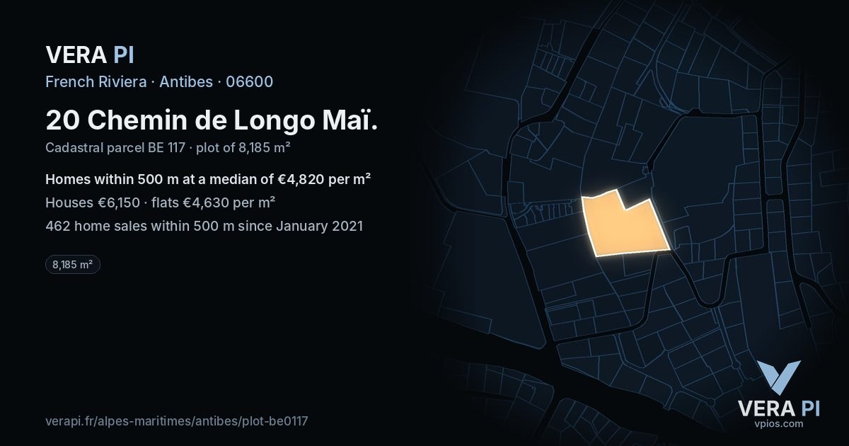 20 Chemin de Longo Maï, Antibes at night – the plot lit, the parcels around coloured by the prices near them
