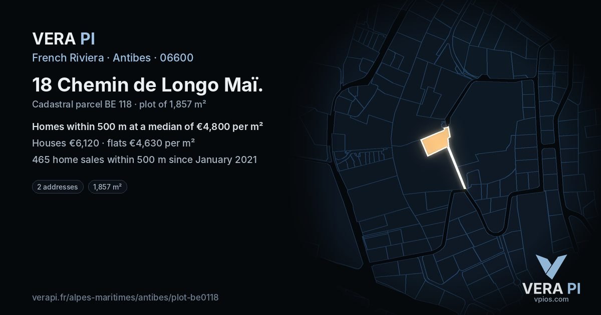 18 Chemin de Longo Maï, Antibes at night – the plot lit, the parcels around coloured by the prices near them