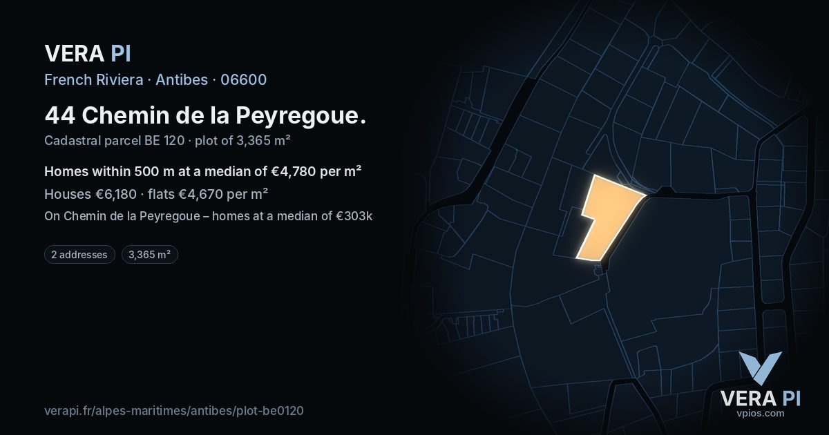 44 Chemin de la Peyregoue, Antibes at night – the plot lit, the parcels around coloured by the prices near them