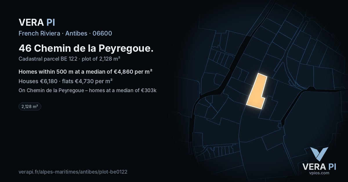 46 Chemin de la Peyregoue, Antibes at night – the plot lit, the parcels around coloured by the prices near them