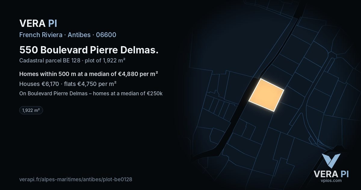 550 Boulevard Pierre Delmas, Antibes at night – the plot lit, the parcels around coloured by the prices near them