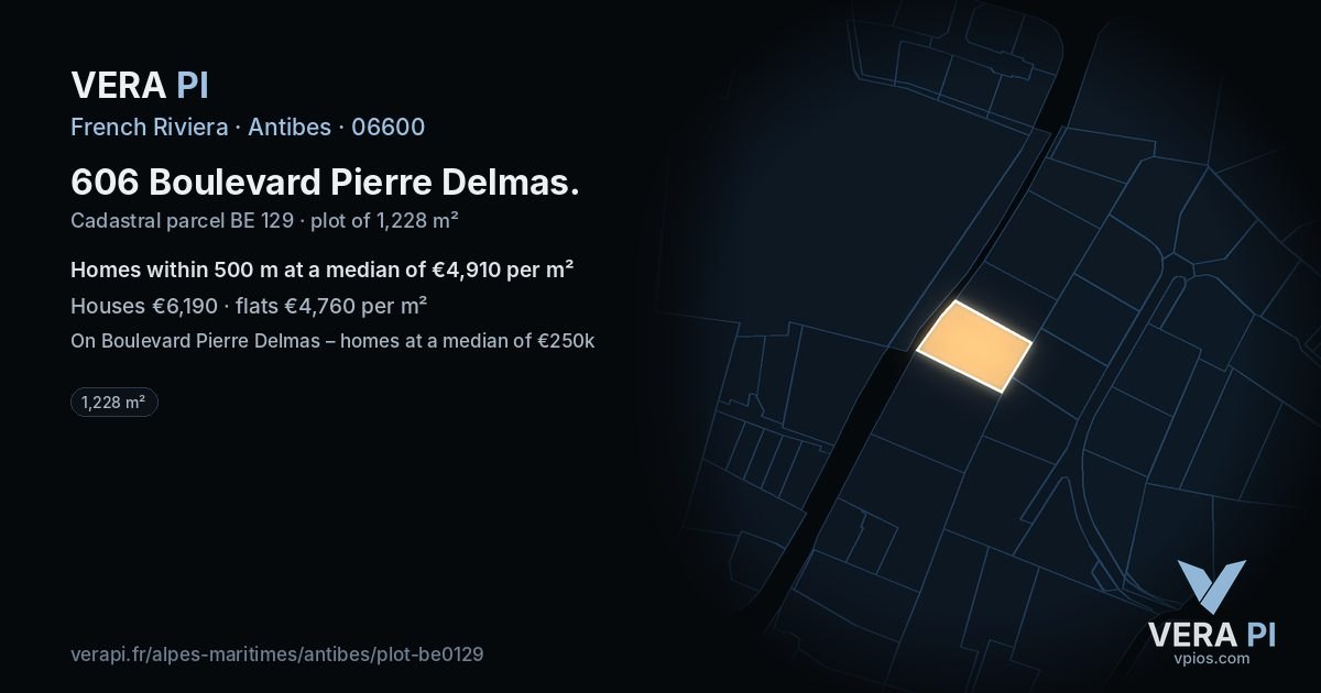 606 Boulevard Pierre Delmas, Antibes at night – the plot lit, the parcels around coloured by the prices near them