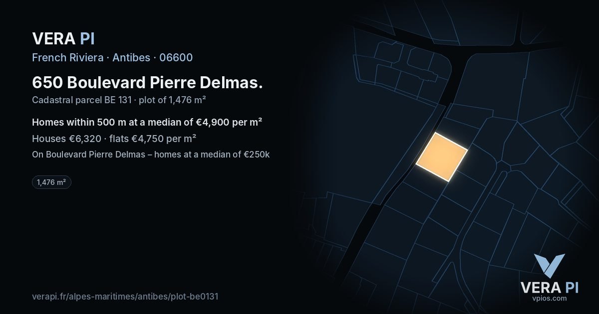 650 Boulevard Pierre Delmas, Antibes at night – the plot lit, the parcels around coloured by the prices near them