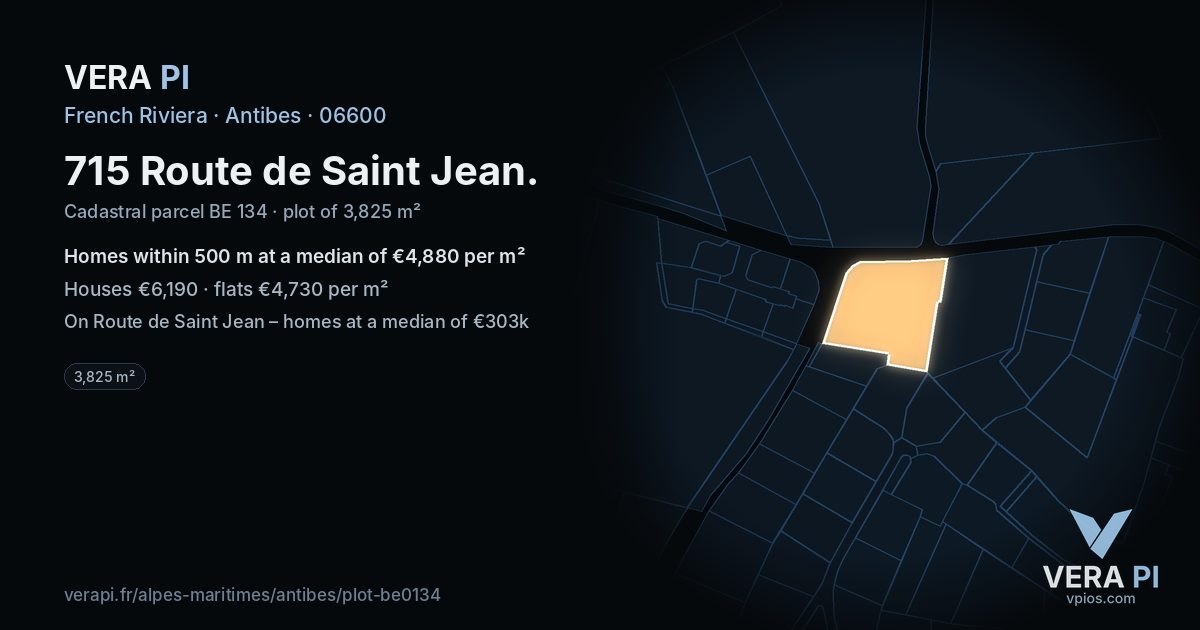 715 Route de Saint Jean, Antibes at night – the plot lit, the parcels around coloured by the prices near them