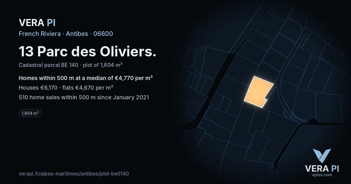 13 Parc des Oliviers, Antibes at night – the plot lit, the parcels around coloured by the prices near them