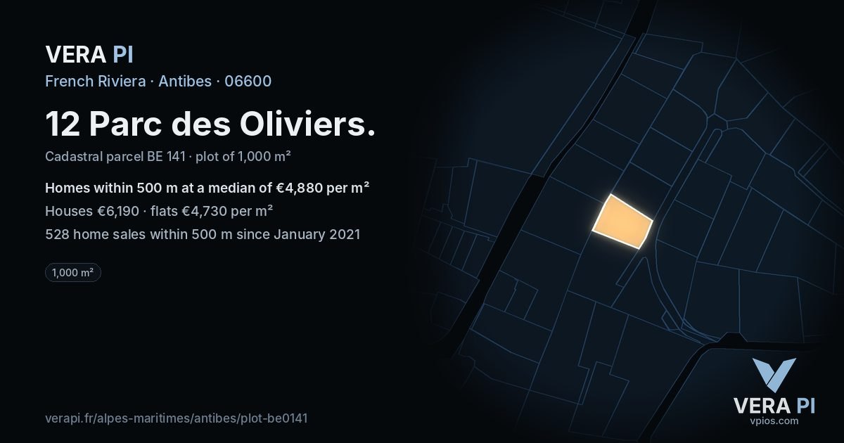 12 Parc des Oliviers, Antibes at night – the plot lit, the parcels around coloured by the prices near them