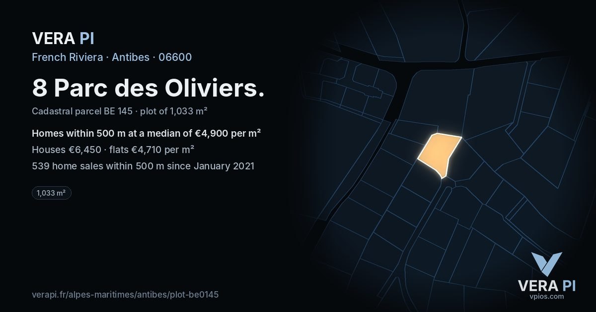 8 Parc des Oliviers, Antibes at night – the plot lit, the parcels around coloured by the prices near them