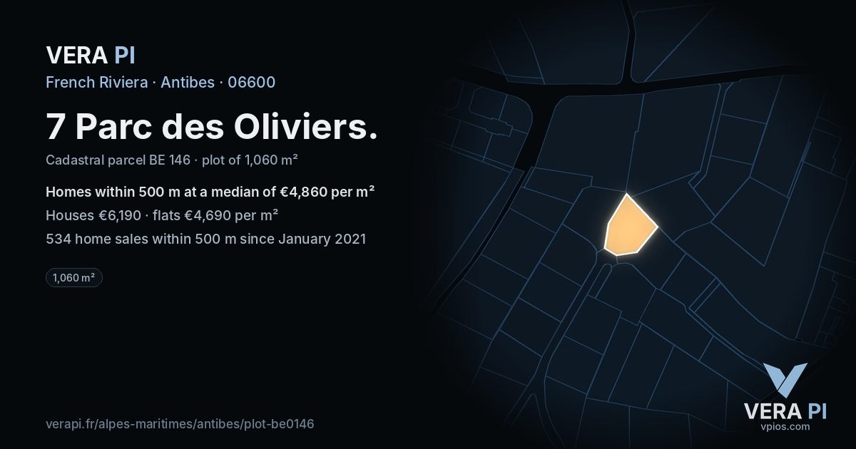 7 Parc des Oliviers, Antibes at night – the plot lit, the parcels around coloured by the prices near them
