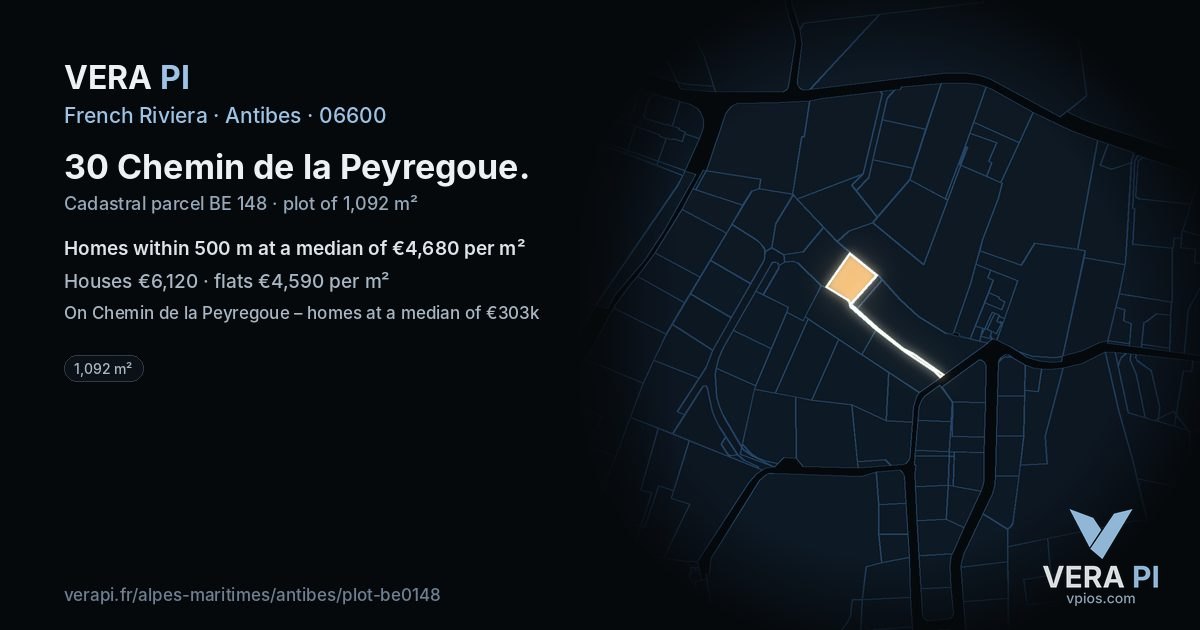 30 Chemin de la Peyregoue, Antibes at night – the plot lit, the parcels around coloured by the prices near them