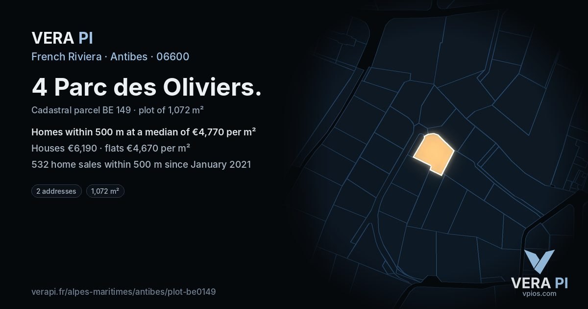 4 Parc des Oliviers, Antibes at night – the plot lit, the parcels around coloured by the prices near them