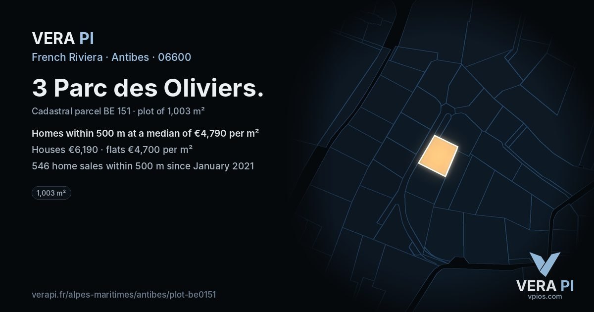 3 Parc des Oliviers, Antibes at night – the plot lit, the parcels around coloured by the prices near them