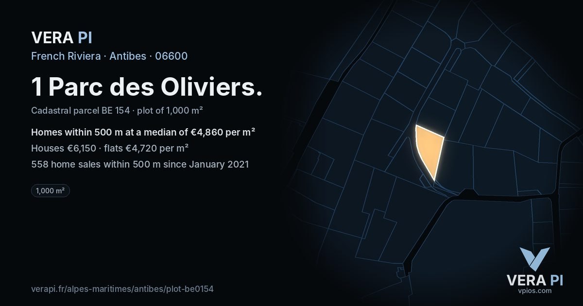 1 Parc des Oliviers, Antibes at night – the plot lit, the parcels around coloured by the prices near them
