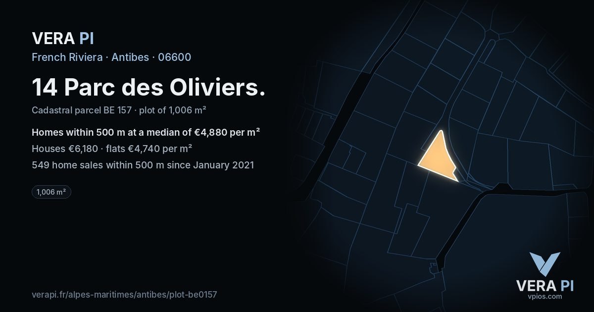 14 Parc des Oliviers, Antibes at night – the plot lit, the parcels around coloured by the prices near them