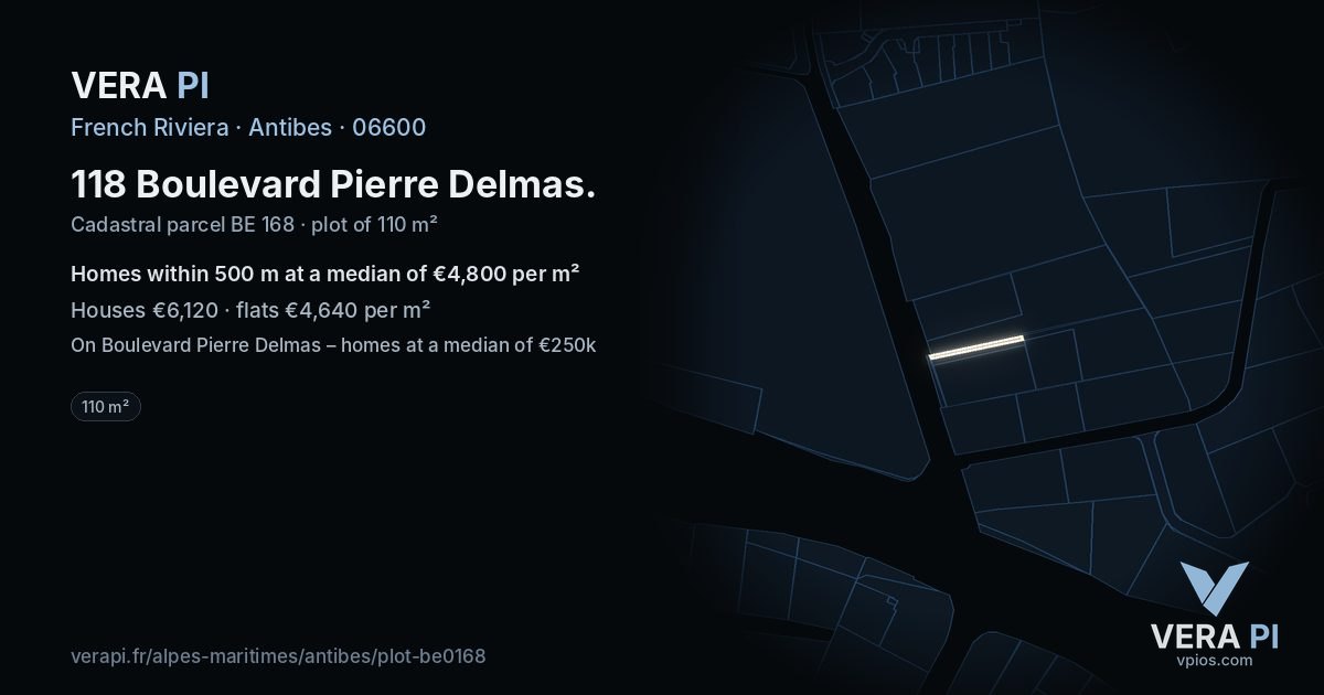 118 Boulevard Pierre Delmas, Antibes at night – the plot lit, the parcels around coloured by the prices near them