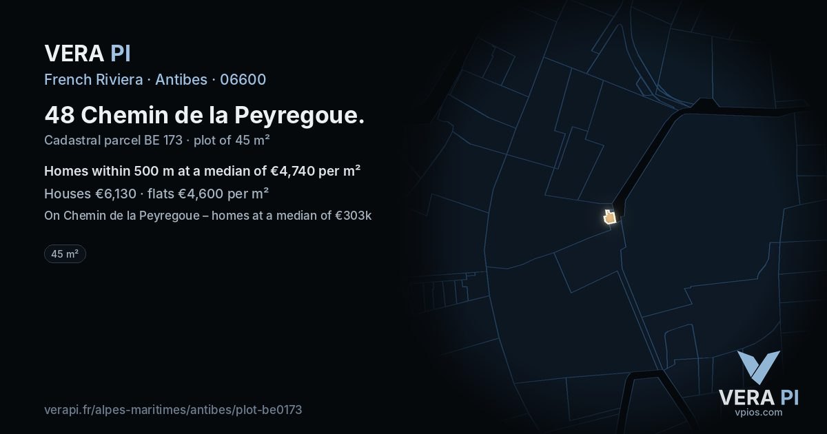 48 Chemin de la Peyregoue, Antibes at night – the plot lit, the parcels around coloured by the prices near them