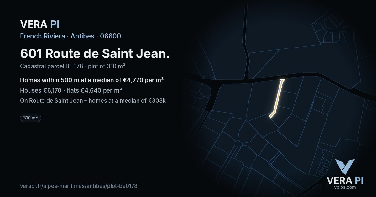 601 Route de Saint Jean, Antibes at night – the plot lit, the parcels around coloured by the prices near them