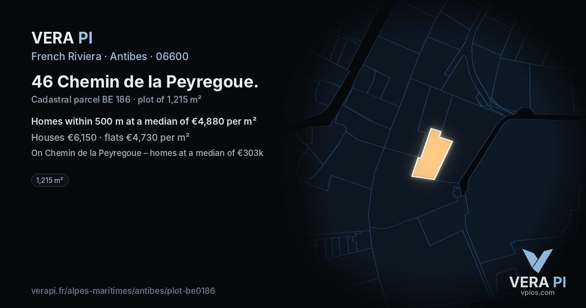 46 Chemin de la Peyregoue, Antibes at night – the plot lit, the parcels around coloured by the prices near them