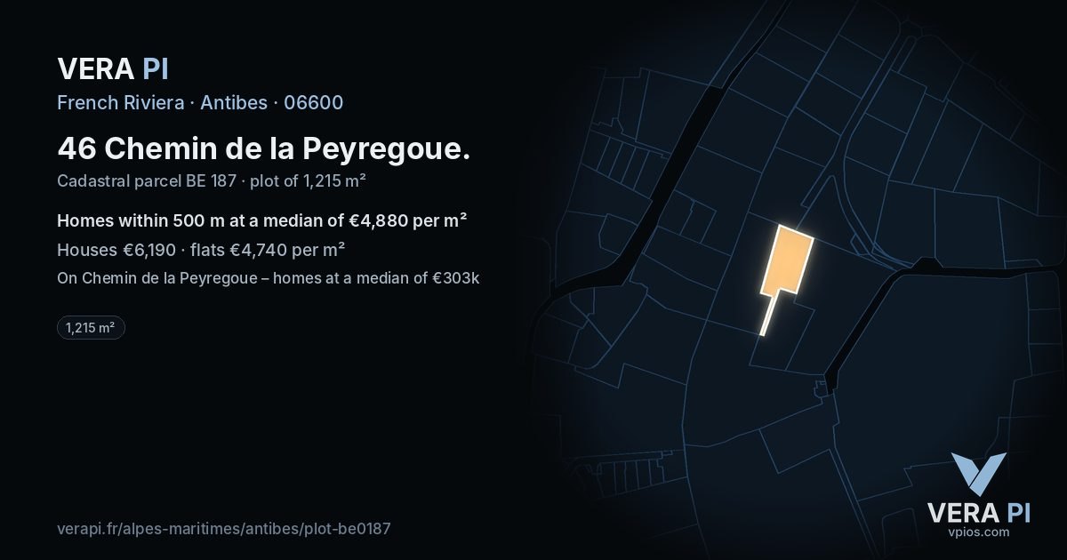 46 Chemin de la Peyregoue, Antibes at night – the plot lit, the parcels around coloured by the prices near them